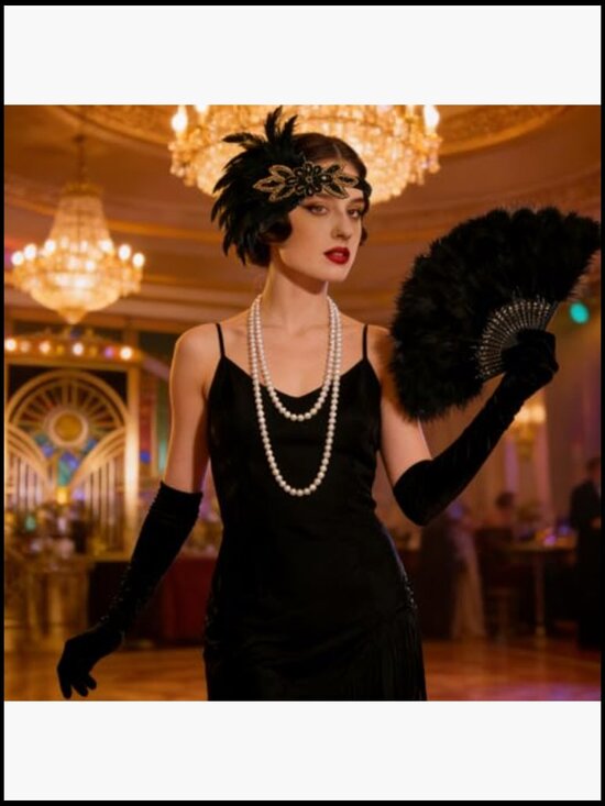 Flapper Accessories Set Headband Necklace Fan Gloves Great Gatsby Party